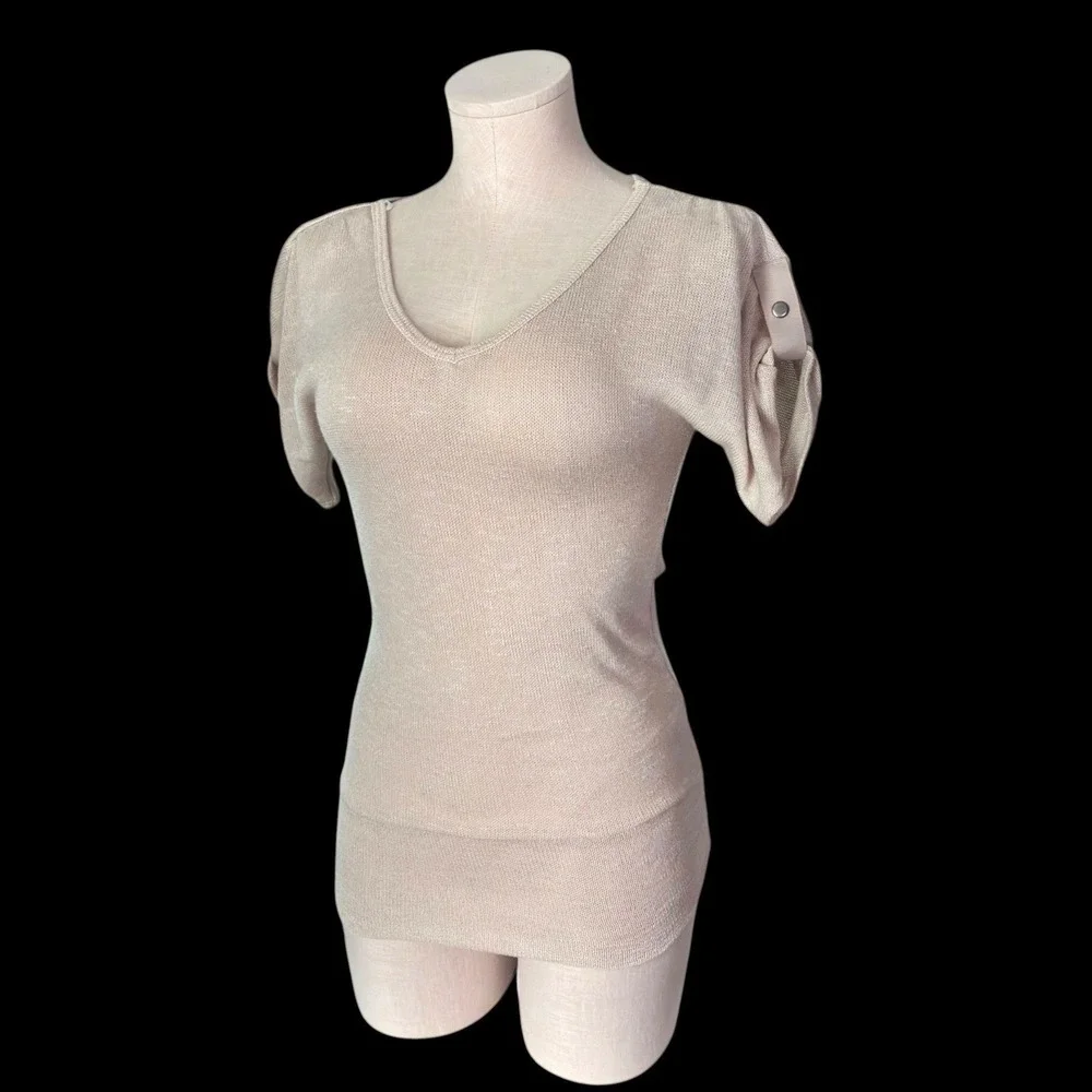 90s DEB Beige Knit Top S Longline Fitted Sweater USA‎ Side Gathered V Neck